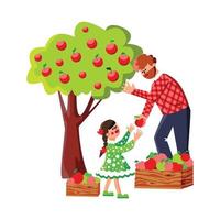 hombre y niña cosechando manzanas en vector de huerto