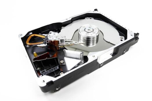 Open Hard disk drive for computer data storage technology photo