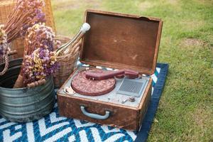 picnic set in the park near river, dried flowers, baskets wine bottle, book and retro gramophone vinyl record. Summer, spring and vacation concept
