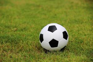 Soccer ball on a grass football field. photo