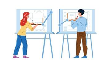 Architect Man And Woman Drawing On Board Vector