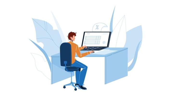 Man Filling Online Tax Form On Computer Vector