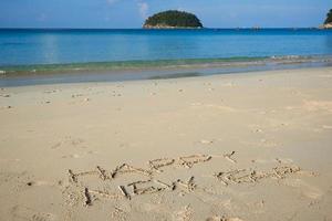 carta de feliz año nuevo en la playa foto