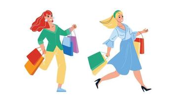 Women Running On Sale Shopping Together Vector