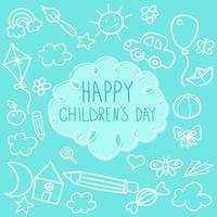 happy children's day, cute vector greeting card with funny cartoon child outline icon. Childish doodles with happy children. color page. Blue line cartoon characters. Flowers and toys