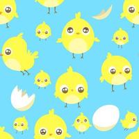 dibujos animados lindos pollos amarillos en diferentes poses y huevos rotos. fondo azul. patrón de fondo transparente. ilustración infantil. ilustraciones vectoriales vector