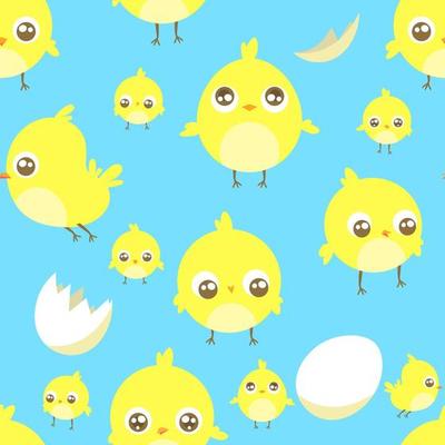 Little cartoon cute yellow chickens in different poses and broken eggs. Blue background. Seamless background pattern. Child illustration. Vector illustrations