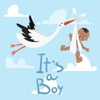 Stork carrying a cute baby its a boy in the sky with clouds vector illustration.