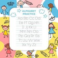 Alphabet letters tracing sheet with all letters of the alphabet. Kids worksheet with alphabet letters. Basic writing practice for kindergarten children  vector illustration learning