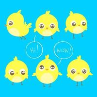 pequeños dibujos animados de pollos amarillos en diferentes poses. diciendo hola y wow ilustraciones vectoriales. vector