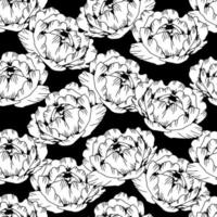 Hand drawn black pattern peony flower, isolated on white. Vector line art  elegant floral seamless composition in vintage style, t-shirt, tattoo design, coloring page, wedding decoration.