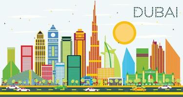 Dubai Skyline with Color Buildings and Blue Sky. vector