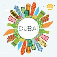 Dubai Skyline with Color Buildings, Blue Sky and Copy Space. vector