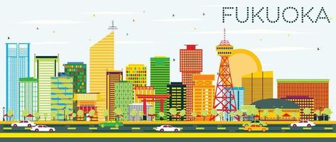 Abstract Fukuoka Skyline with Color Buildings and Blue Sky. vector