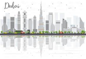 horizonte de la ciudad de dubai con rascacielos grises y reflejos aislados en blanco. vector