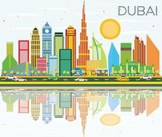 Dubai Skyline with Color Buildings, Blue Sky and Reflection. vector