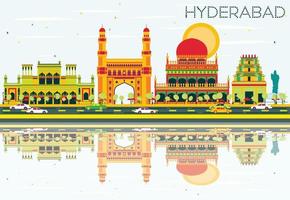 horizonte abstracto de hyderabad con puntos de referencia de color y reflejos. vector