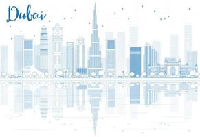 Outline Dubai skyline with blue buildings and reflections. vector