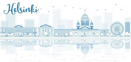 Outline Helsinki skyline with blue buildings and reflections. vector