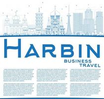 Outline Harbin Skyline with Blue Buildings and Copy Space. vector