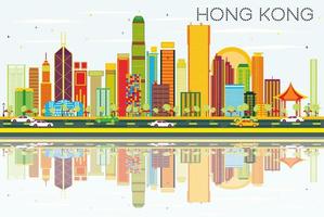 Abstract Hong Kong Skyline with Color Buildings, Blue Sky and Reflections. vector