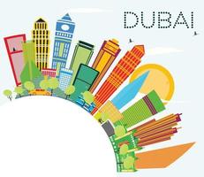 Dubai Skyline with Color Buildings, Blue Sky and Copy Space. vector