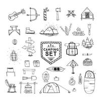 Hand drawn camping, hiking or mountain climbing icons set. vector