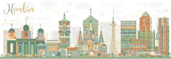 Abstract Harbin Skyline with Color Buildings. vector