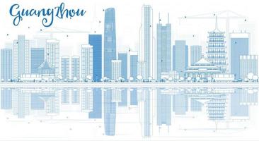 Outline Guangzhou Skyline with Blue Buildings and Reflections. vector