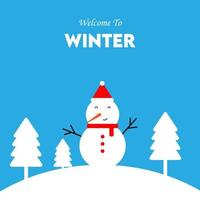 Welcome winter landscape with a cute snowman with a scarf, Christmas or New Year greeting card design element. vector