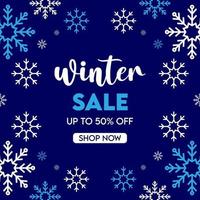 promoción de texto de venta de invierno con elementos de copos de nieve blancos y azules en fondo azul oscuro, concepto de publicidad de temporada de invierno vector
