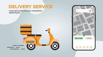 servicio de entrega seguimiento en línea por scooter en aplicación móvil, servicio de entrega de pedidos logísticos de caja de paquetes, aplicación móvil de ilustración vectorial. vector