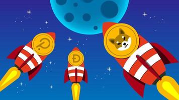 grupo de criptomonedas shiba, polkadot, doge to the moon, concepto de cadena de bloques. concepto de mercado alcista con nave espacial volando hacia la luna. vector