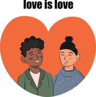 orgullo el amor es el amor no convencional familia orientación lgbt gay lesbianas parejas personas corazón rojo caras avatar asiático eslavo apariencia árabe oscuro bella color de piel aislado en blanco vector
