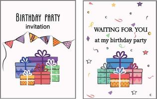 conjunto de tarjetas postales vectoriales planas y de colores con cajas de regalo, embalaje para carteles, papel de regalo, invitación de fiesta de cumpleaños, ilustraciones de año nuevo vector
