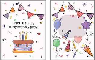 set collection of colored bright adorable flat vector post cards invitation birthday party with a birthday cake, balloons and candles crackers and bright flags stock illustrations isolated on white