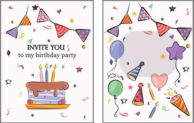 set collection of colored bright adorable flat vector post cards invitation  birthday party with a birthday cake, balloons and candles crackers and  bright flags stock illustrations isolated on white 8371883 Vector Art