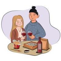 una pareja joven de amigos, un chico asiático y una chica eslava rubia en una cita en un restaurante café, comen sushi y beben vino. material vectorial plano familiar lgbt no tradicional aislado en blanco vector