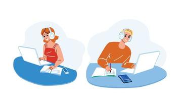 Student Couple Doing Homework On Laptop Vector