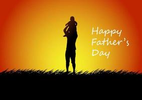 Graphics Design Father holding the young on hands with landscape view outdoor of sunset with grass on the ground for greeting card vector illustration