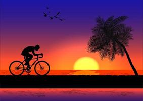 imagen gráfica hombre montando una bicicleta por la noche con un fondo de puesta de sol y silueta naranja de puesta de sol con hierba oscura en la ilustración de vector de tierra