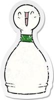 distressed sticker of a cartoon happy bowling pin vector