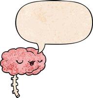 happy cartoon brain and speech bubble in retro texture style vector