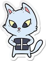 sticker of a confused cartoon cat with gift vector