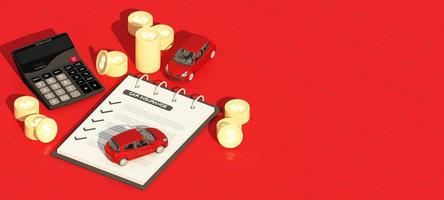 Car protection and safety assurance concept, modern red automobile sedan truck van under white text font and umbrella, isolated on red background, 3d illustration rendering isometric photo