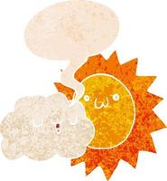 cartoon sun and cloud and speech bubble in retro textured style vector