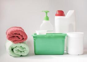 washing detergents in different forms. laundry concept. photo