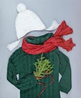 dark green pullover with red scarf and white hat photo