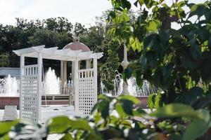 white wooden swing near the fountain photo