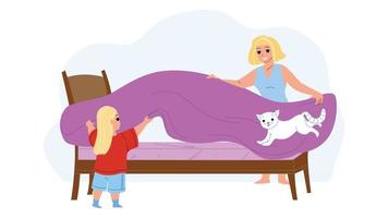 Mother And Daughter Make Bed With Bedsheet Vector